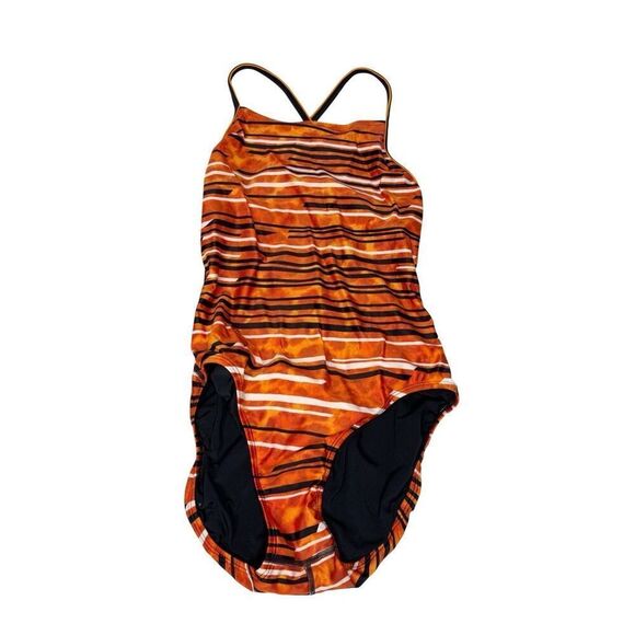 Speedo orange striped got you cross back one piece swimsuit size 10 - Picture 1 of 14